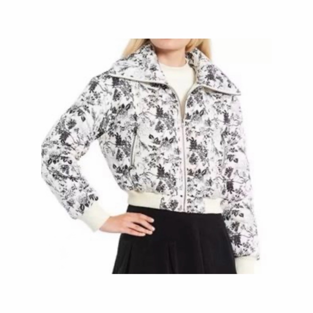 Chelsea & Violet White Floral Puffy Jacket With Black Floral Print